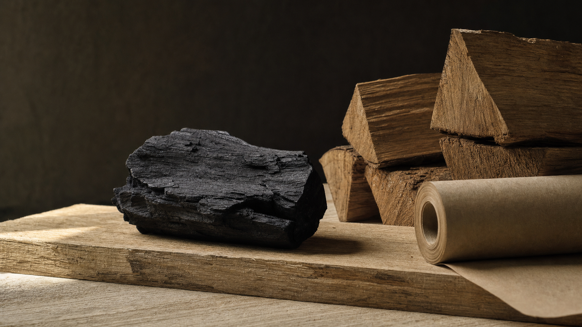 A dark charcoal briquette sits on a wooden board next to stacked natural wood blocks and a roll of brown paper, set against a dark, moody background.