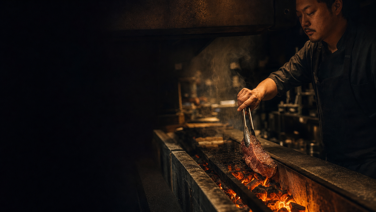 A chef in a dark kitchen uses tongs to handle a piece of raw meat over a long charcoal grill, with warm orange flames and smoke rising in a dimly lit restaurant setting.